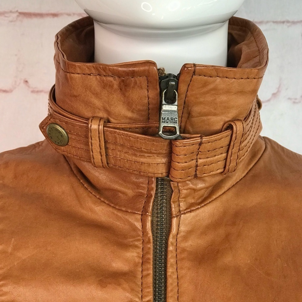 ANDREW MARC XS Caramel Brown British Cafe Racer Leather Moto Jacket Size XS - Picture 12 of 16